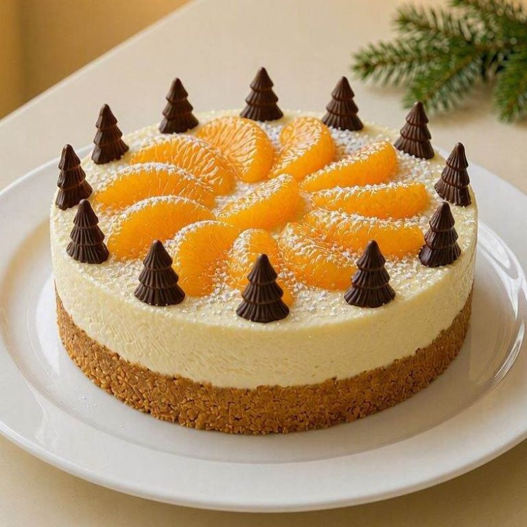 Festliche Spekulatius-Mandarinen-Torte ohne Backen auf einer Kuchenteller-Platte mit winterlicher Deko.