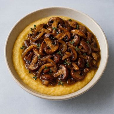 Cremige Polenta mit Pilzragout, serviert mit gebratenen Champignons, Thymian und Butter – warm, sämig und rustikal angerichtet.
