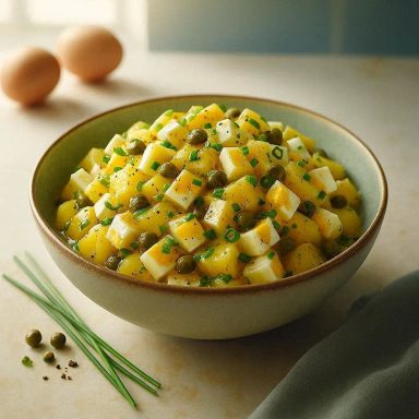 Warmer Kartoffel-Eiersalat mit Kapernöl, Senfdressing, Zwiebeln und Schnittlauch, frisch angerichtet in einer Schüssel.