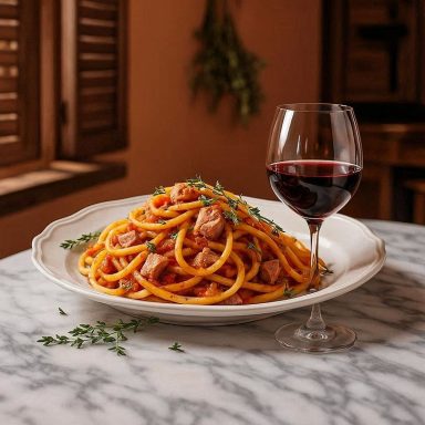 Ein köstlicher Teller Bucatini-Nudeln, serviert mit einer aromatischen Tomaten-Thunfischsauce, garniert mit frischem Thymian. 
