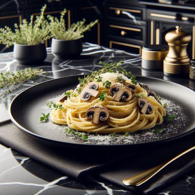 Thymian‑Pilz‑Pasta in reichhaltiger Sahnecreme, serviert auf einem schwarzen Teller mit deutlich sichtbaren Pilzstücken.