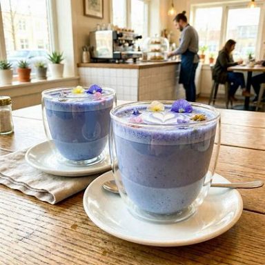 Blue Latte mit Butterfly-Pea-Blüten Cremiger Blue Latte in zwei Gläsern, sanftes Blau durch Butterfly‑Pea‑Blüten, dekoriert mit essbaren Blüten auf heller Café‑Szene.