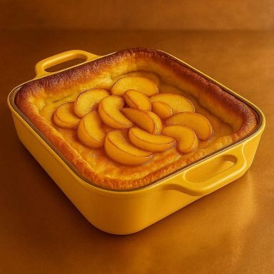 Goldbrauner Ofen‑Pfannkuchen mit karamellisierten Äpfeln in der Auflaufform – fluffig, warm und perfekt als süßes Rezept aus dem Ofen.