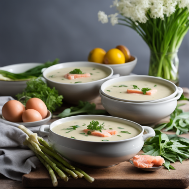 Cremige Bärlauchsuppe mit zartem Lachs und Spargelstücken, garniert mit frischer Petersilie, serviert in einer Schale