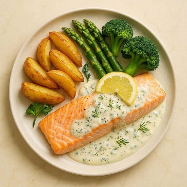 Lachsfilet mit Zitronen-Dill-Sauce Zartes High‑Protein Lachsfilet mit cremiger Zitronen‑Dill‑Sauce, und frischem Gemüse als leichtes Fitnessgericht