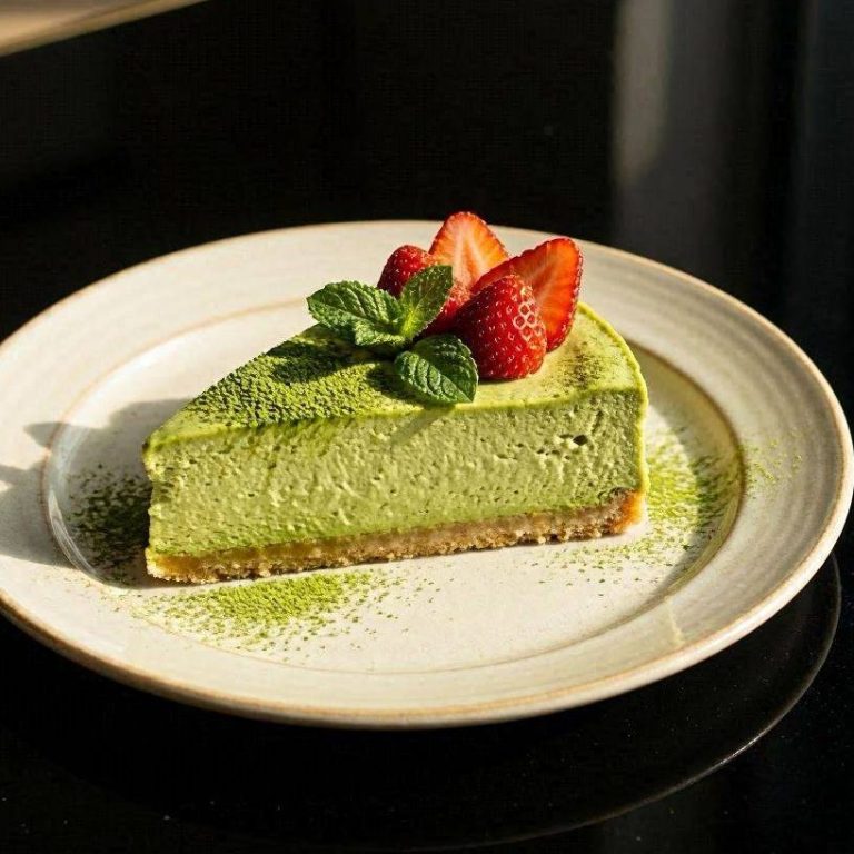 Japanischer Matcha-Cheesecake Japanischer Matcha-Cheesecake auf einem weißen Teller mit frischen Erdbeeren garniert.