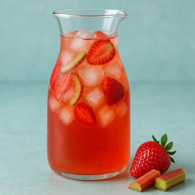 Fruchtiger Rhabarber‑Erdbeer‑Eistee in einer Karaffe, klar gefiltert, mit natürlicher Farbe und Eiswürfeln als gekühltes Sommergetränk.