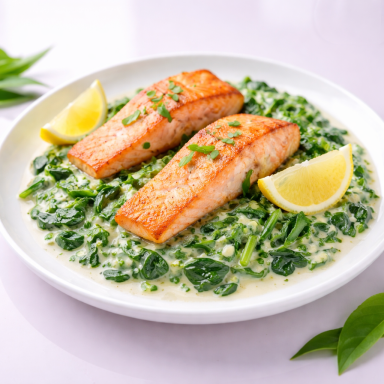 Cremiger Bärlauch‑Spinat mit goldbraun gebratenem Lachsfilet, frischer Zitrone und frühlingshaften Grüntönen auf dem Teller.