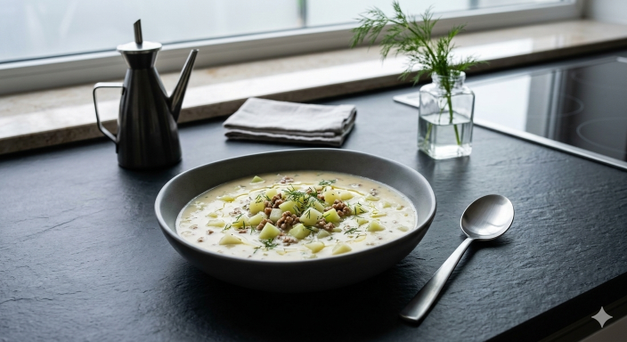 Kohlrabi-Eintopf mit Hackfleisch, Karotten und Kräutern, cremig gekocht und heiß serviert in einer  Bowl – herzhaftes Familiengericht