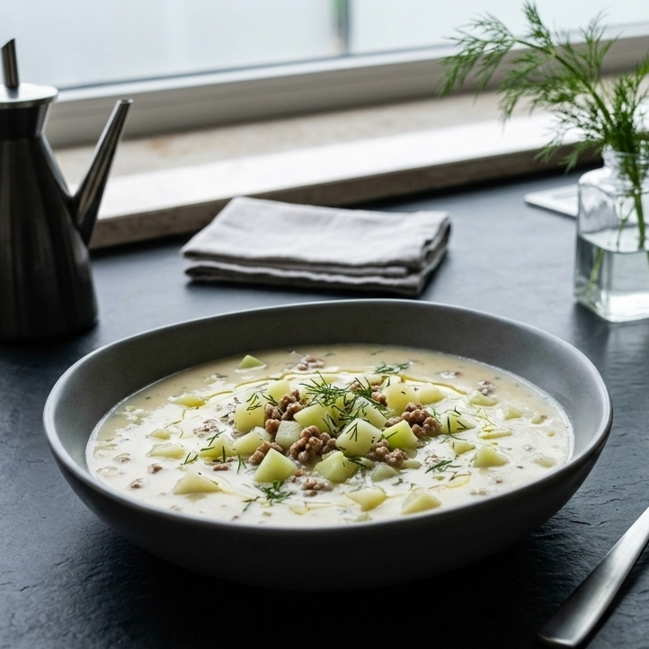 Schneller Kohlrabi-Eintopf mit Hackfleisch, Karotten und frischer Petersilie im Suppenteller.