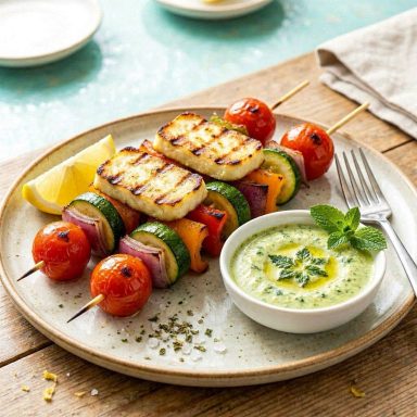 Griechische Gemüse-Souvlaki mit Minz-Dip Bunte griechische Gemüse-Souvlaki mit Halloumi vom Grill, serviert mit frischem Kräuter-Minz-Dip in einer kleinen Schale.