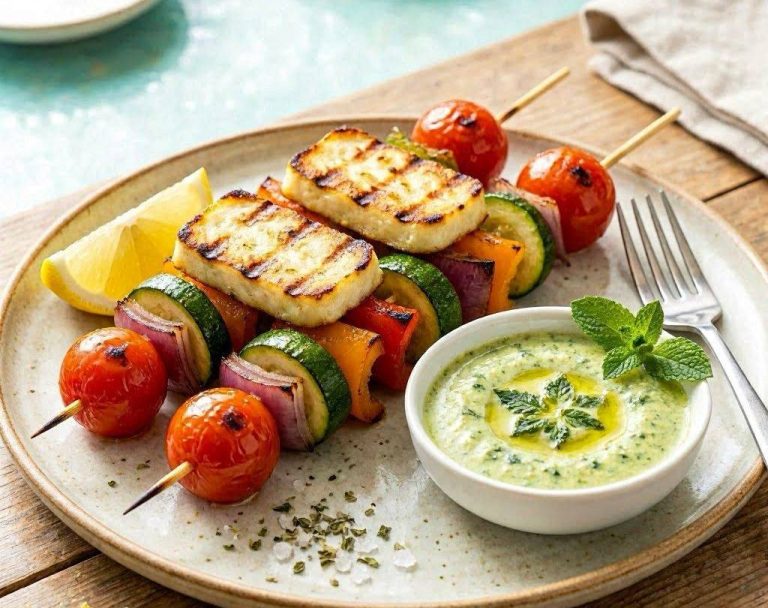 Griechische Gemüse-Souvlaki mit Minz-Dip Bunte griechische Gemüse-Souvlaki mit Halloumi vom Grill, serviert mit frischem Kräuter-Minz-Dip in einer kleinen Schale.