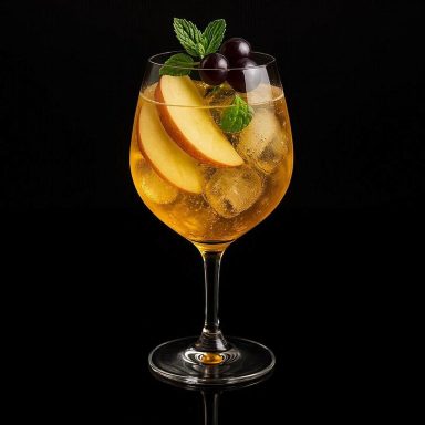 Golden Glow Spritz Golden Glow Spritz mit Eiswürfeln, Apfelscheiben, Trauben und Minze, elegant im Glas serviert.