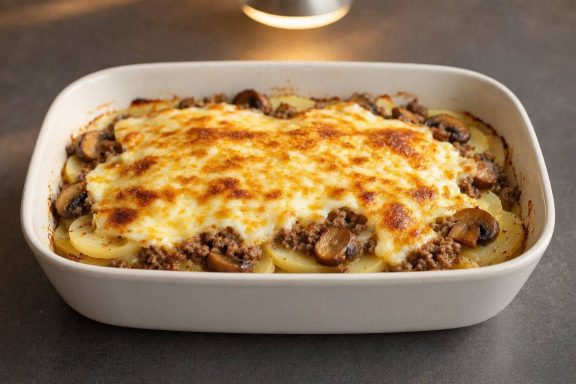 Bauernauflauf mit Gouda-Schmand-Guss Goldbraun überbackener Bauernauflauf mit Kartoffeln, Hackfleisch, Champignons und geschmolzener Gouda-Schmand-Haube in einer Form.