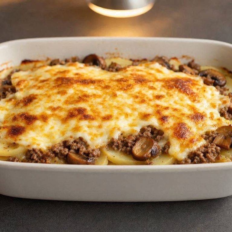 Bauernauflauf mit Gouda-Schmand-Guss Goldbraun überbackener Bauernauflauf mit Kartoffeln, Hackfleisch, Champignons und geschmolzener Gouda-Schmand-Haube in einer Form.