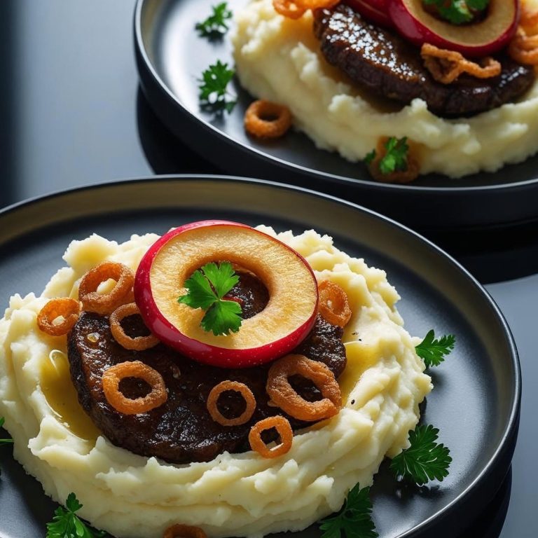 Kalbsleber auf Kartoffelpüree mit Zwiebelringen & gebratenen Apfelringen Rezepte mit Wow-Effekt
