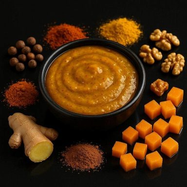 Samtige Apfel‑Curry‑Aprikosen‑Marinade in einer kleinen Schale, umgeben von Gewürzen, Ingwer, Aprikosenwürfeln und Nüssen für fruchtige Würz