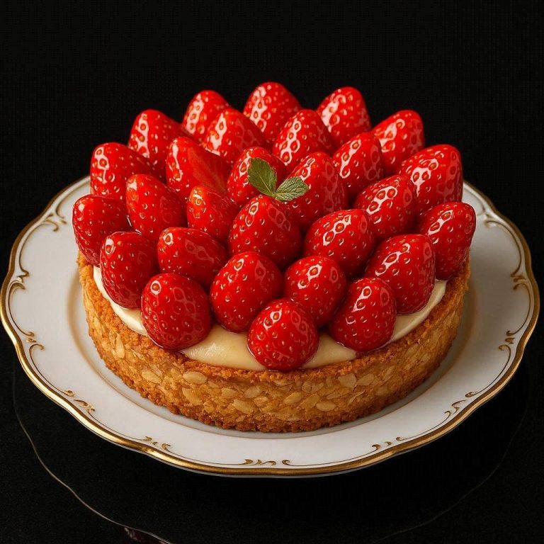 Französische Erdbeer-Tarte „Maison du Jardin“ Französische Erdbeer-Tarte mit knusprigem Mandelboden, Vanillecreme und frischen Erdbeeren, glänzend glasiert und dekorativ angerichtet.