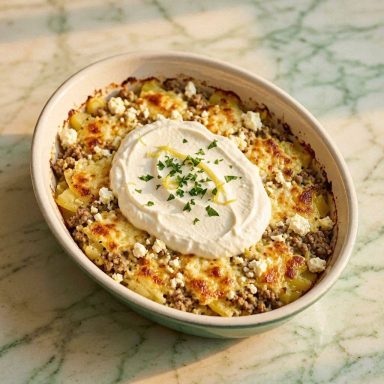 Griechischer Kartoffel-Hack-Feta-Auflauf Goldbraun überbackener Kartoffel-Hack-Feta-Auflauf mit cremiger Schmandhaube, frisch garniert in einer Auflaufform.