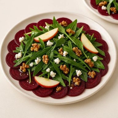 Dünn geschnittenes Rote‑Bete‑Carpaccio mit Bärlauch, Rucola, Walnüssen und Feta, frisch angerichtet auf einem flachen Teller.