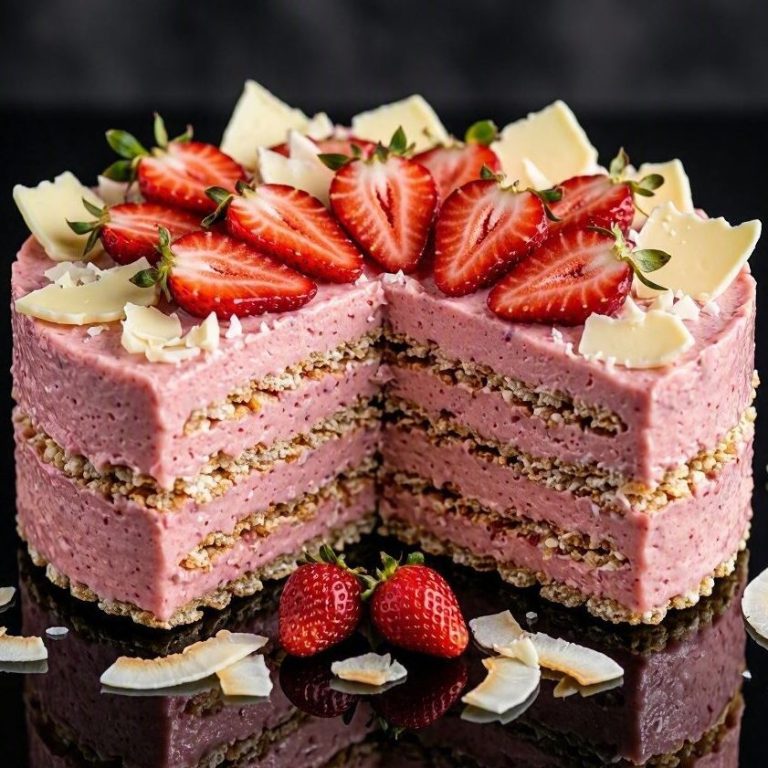 Erdbeer-Kokos-Reiswaffel-Torte ohne Backen mit weißer Schokolade und frischen Erdbeerspalten.