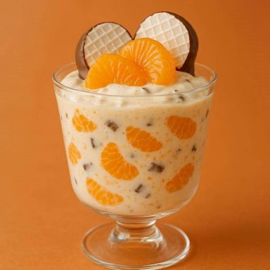 5-Minuten-Mandarinen-Mousse Cremige Mandarinen-Mousse mit Schokoküssen und Fruchtstücken, elegant serviert in einem Dessertglas mit Pistazien-Deko.
