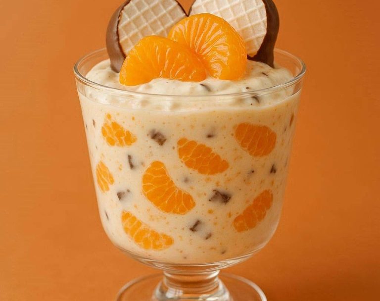 5-Minuten-Mandarinen-Mousse Cremige Mandarinen-Mousse mit Schokoküssen und Fruchtstücken, elegant serviert in einem Dessertglas mit Pistazien-Deko.