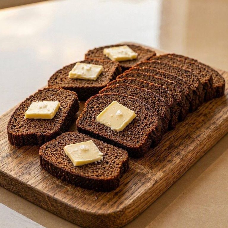 Isländisches Roggenbrot (Rúgbrauð) Isländisches Roggenbrot (Rúgbrauð) in dünnen Scheiben mit gesalzener Butter auf einem Holzbrett.