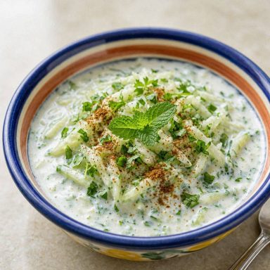 Erfrischender Gurken-Raita-Dip mit frischer Minze, Koriander und aromatischem Kreuzkümmel, serviert in einer Schüssel.