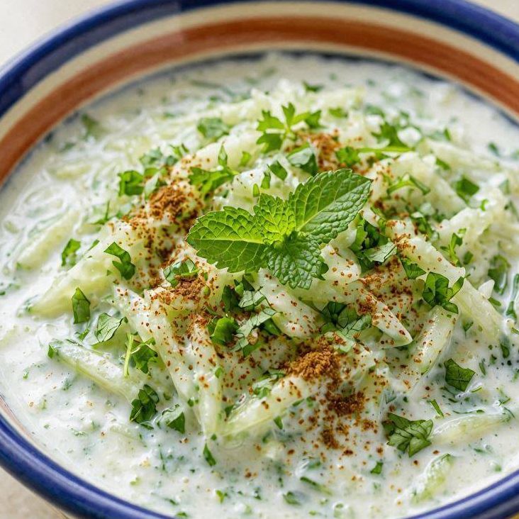 Erfrischender Gurken-Raita-Dip mit frischer Minze, Koriander und aromatischem Kreuzkümmel, serviert in einer Schüssel.
