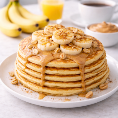Fluffige vegane Pfannkuchen auf einem Teller, getoppt mit Bananenscheiben und cremiger Erdnussbutter, frisch angerichtet und warm serviert.