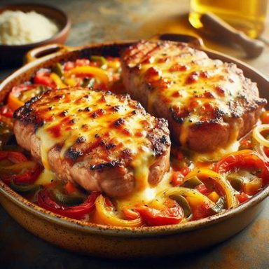 Saftige Schweinesteaks mit würzigem Gemüse‑Tomaten‑Ragout und goldbraun geschmolzenem Käse in einer Auflaufform überbacken.
