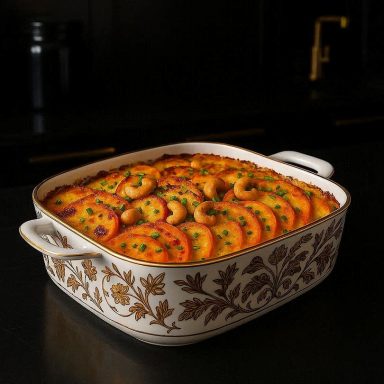 Bunter Gemüseauflauf mit Cashews in einer Auflaufform, cremig überbacken und leicht gebräunt.