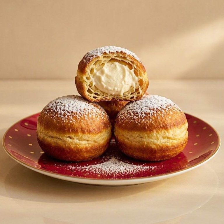 Goldbraun frittierter Krapfen mit Puderzucker und luftiger Diplomatencreme.