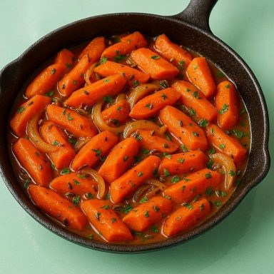 Geschmorte Karotten mit Zwiebeln, Kreuzkümmel und Kräutern, weich gegart und warm gewürzt, in einer Pfanne angerichtet.