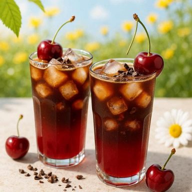Black Forest Brew Sparkler Cold Brew Tonic mit Kirschsaft, Eis und Kakaonibs in zwei Gläsern, dekoriert mit frischen Kirschen, sommerlich serviert.