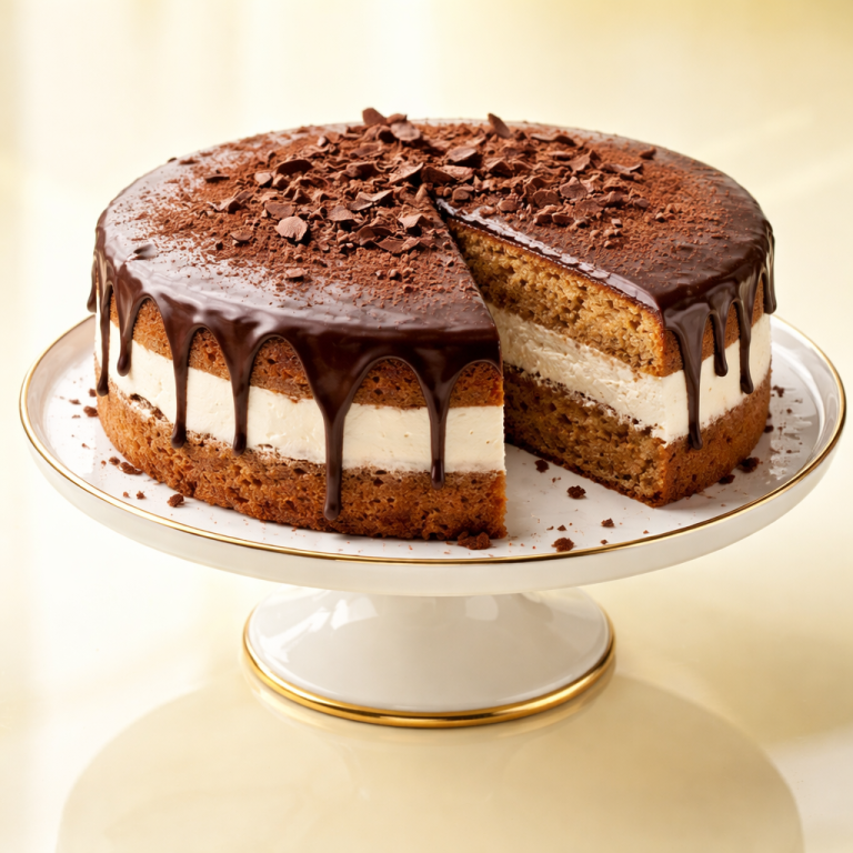 Anschnitt einer dekorierten Säufertorte auf einer Etagere, Schokoguss und Raspel obenauf, saftiger dunkler Teig sichtbar.