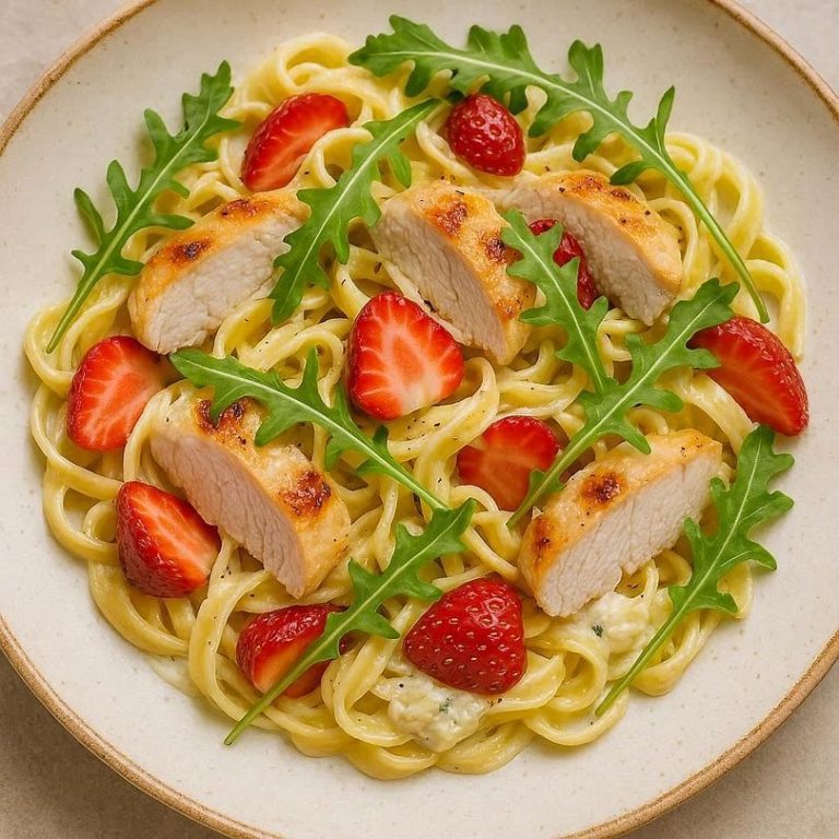 Cremige Sommerpasta mit zartem Hähnchen, frischen Erdbeeren, Rucola und leichter Ricotta‑Zitronensauce – fruchtig, würzig, sommerlich.