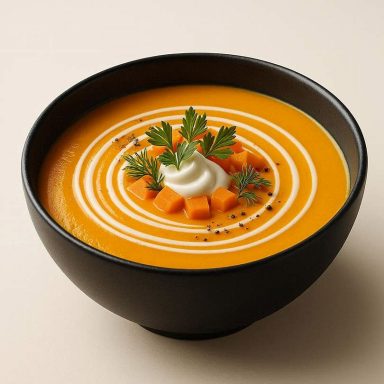 Süßkartoffel-Karotten-Suppe in einer Bowl serviert, cremig püriert, mit Kräutern und Toppings garniert – warmes, gesundes Gemüsegericht.