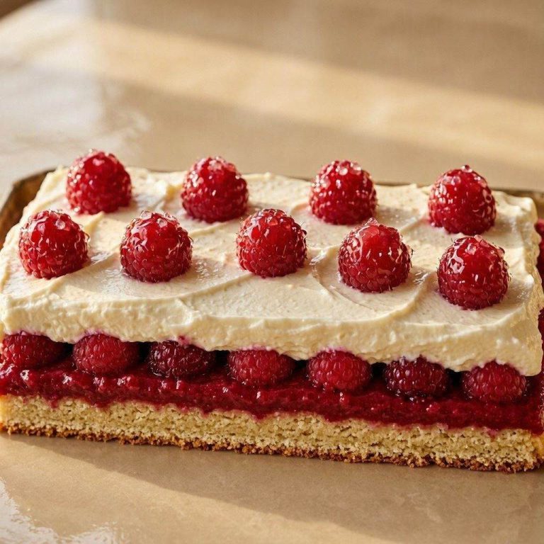 Saftiger Himbeer-Sahne-Kuchen vom Blech mit frischen Beeren und cremiger Mascarpone-Haube.