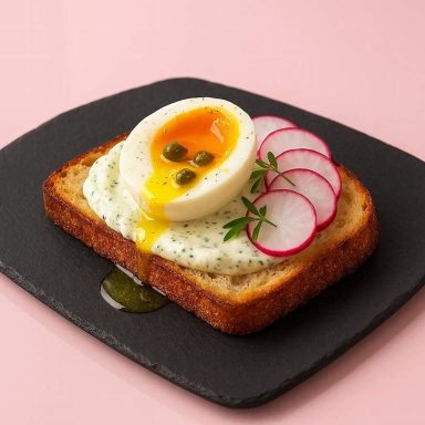 Knuspriges Sauerteigbrot mit cremigem Ei, Kapernöl als goldene Tropfen und frischer Kräutercreme, dekoriert mit Radieschen.