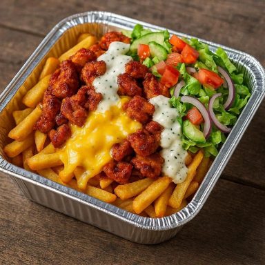 Kapsalon-Auflauf mit knusprigen Pommes, würzigem Hähnchen, geschmolzenem Gouda, frischem Salat und Knoblauchsauce im Streetfood‑Stil.
