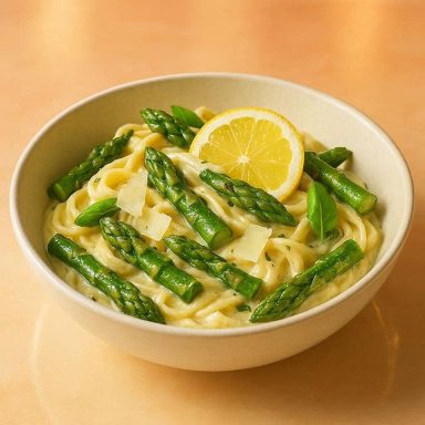Zitronige Spargel‑Pasta mit grünem Spargel, Parmesan und frischer Zitronennote, cremig angerichtet in einer hellen Frühlingsschale.