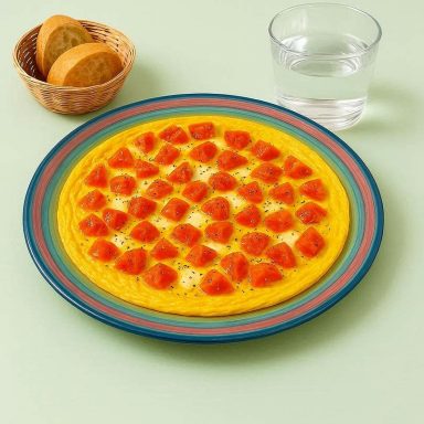 Sonnen-Mozzarella-Omelett Sonnen-Mozzarella-Omelett mit Tomatenwürfeln auf einem bunten Teller, bereit zum Essen und fröhlich angerichtet.