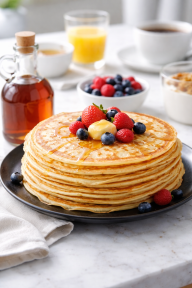 Goldene Buttermilch‑Pfannkuchen auf einem Teller, locker und weich, frisch gebraten mit Butter und leicht gebräunten Rändern.