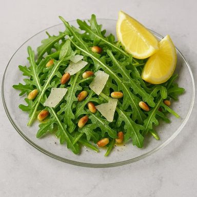 Frischer Zitronen‑Rucola‑Salat mit pfeffrigem Rucola, Zitronensaft, Olivenöl, Parmesan und gerösteten Pinienkernen als leichte Beilage.