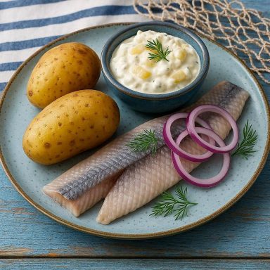 Matjes mit Ananas‑Curry‑Dip Matjesfilets mit cremigem Ananas‑Dip, roten Zwiebeln, Dill und Pellkartoffeln auf einem Teller angerichtet.