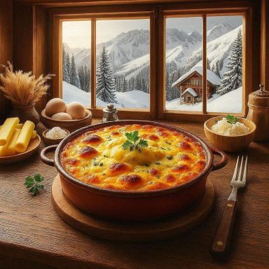 Vegetarisches Alpen-Älplergratin in einer Auflaufform, serviert in einer gemütlicher Berghütte auf einem Holztisch 