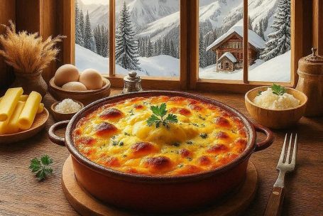 In einer Auflaufform sieht man ein frisch überbackenen Alpen-Älplergratin in einer rustikalen Hütte mit Bergaussicht. 